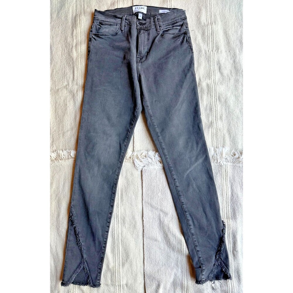 FRAME Le High Skinny Jeans Mid-Rise Black Wash Distressed Ankles Women's Size 29